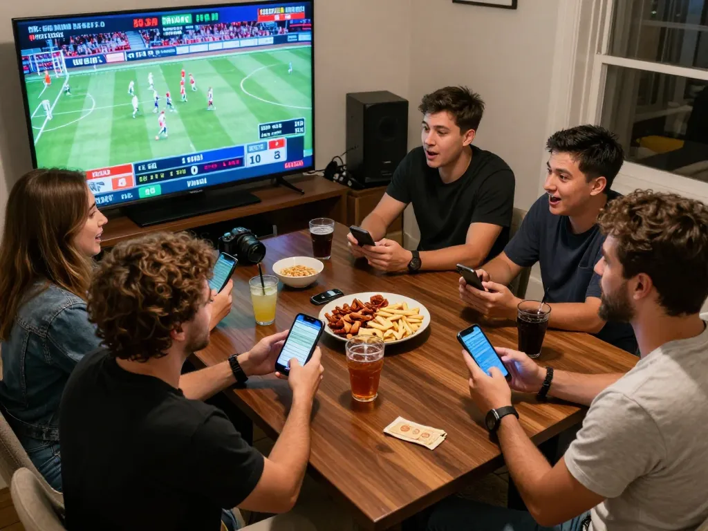 Sun52 sports betting excitement with friends placing bets on mobile devices during game night.