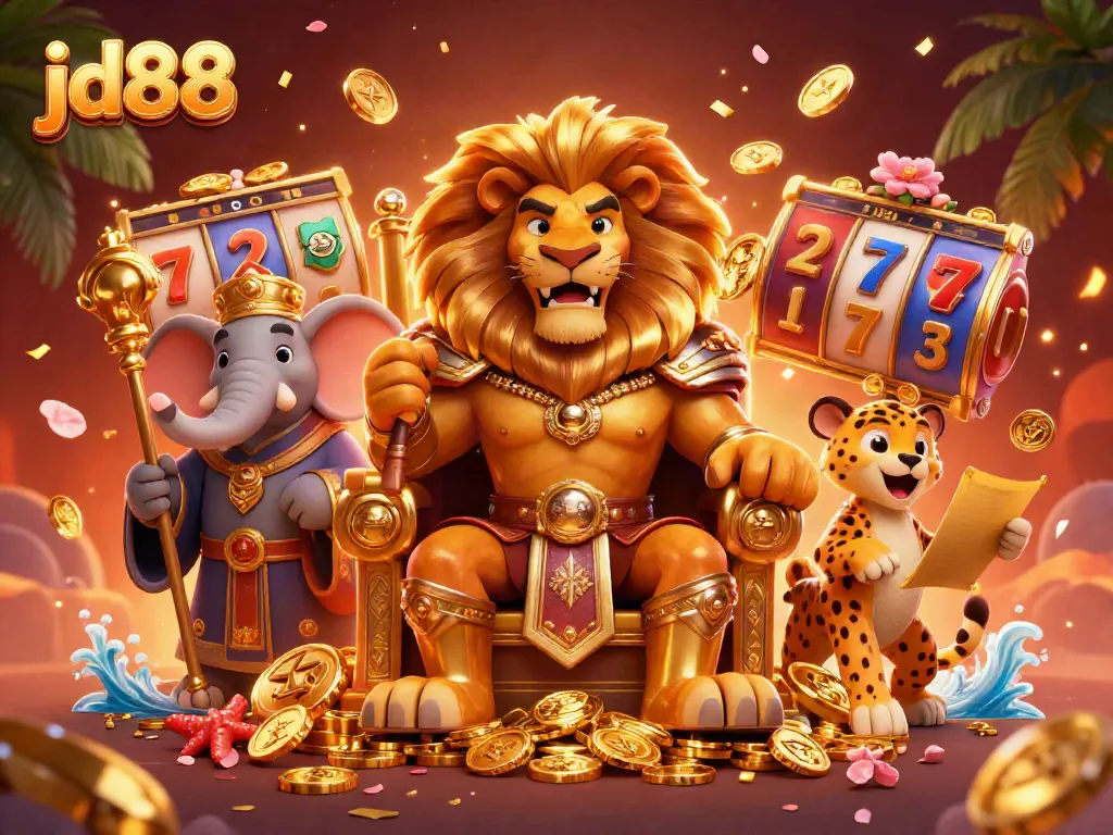 Experience the excitement of jd88 with a royal lion king, wise elephant advisor, and swift cheetah amid dynamic casino elements.
