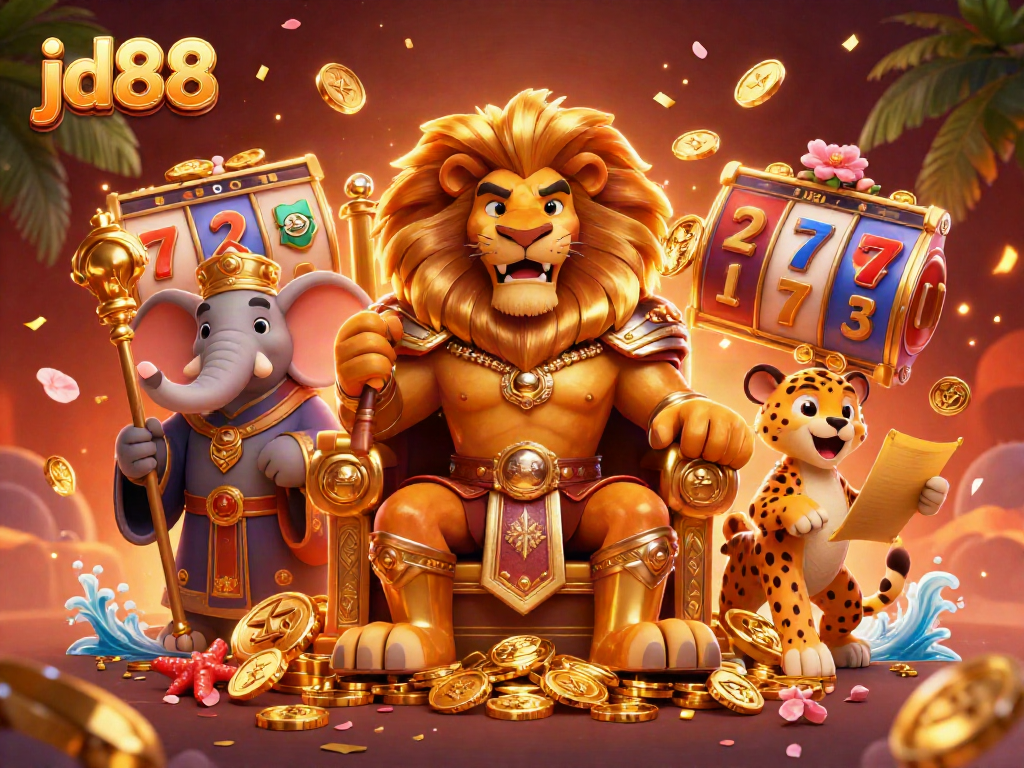 Experience the excitement of jd88 with a royal lion king, wise elephant advisor, and swift cheetah amid dynamic casino elements.