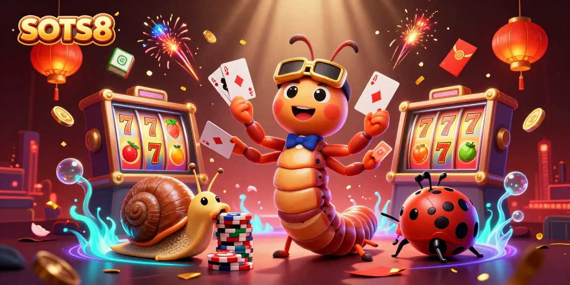 SLOTS8 showcases a lively casino scene with a cartoon millipede dealer, snail high-roller, and pill bug, vibrant slot reels spinning around.