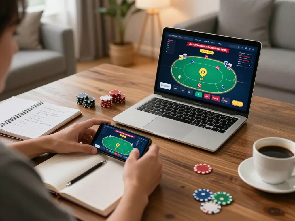A player engaged in online poker at home with 23win168 visible on the screen, showcasing a relaxed yet focused environment.