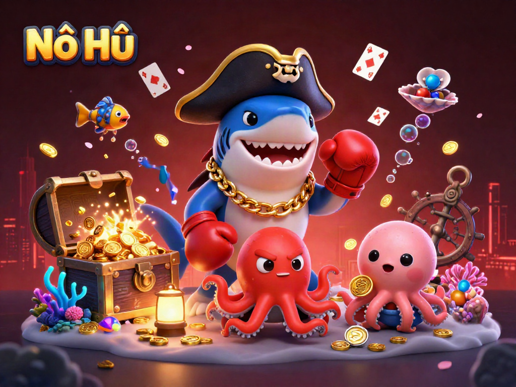 Nổ Hũ pirate shark and pufferfish play in an underwater casino scene, surrounded by treasure and gems.