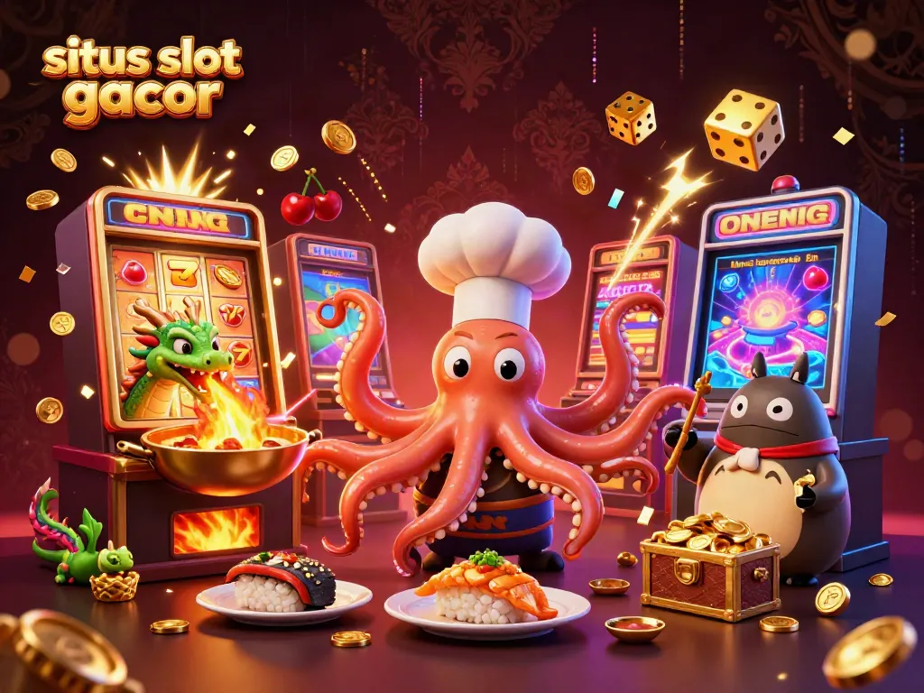 Experience the excitement of situs slot gacor with a vibrant 3D illustration featuring colorful gaming elements and cartoon characters.