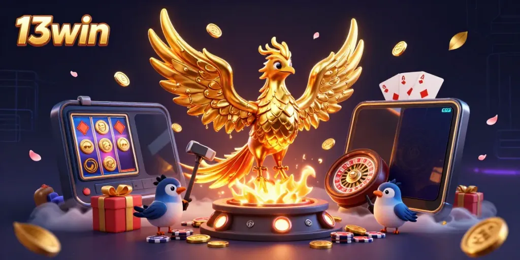 Experience the thrilling world of 13win with a golden phoenix and vibrant casino games.