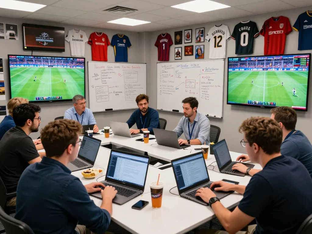 Sports analysts collaborating at https://bongdalu.trade/ analyzing real-time statistics and match data in a vibrant environment.