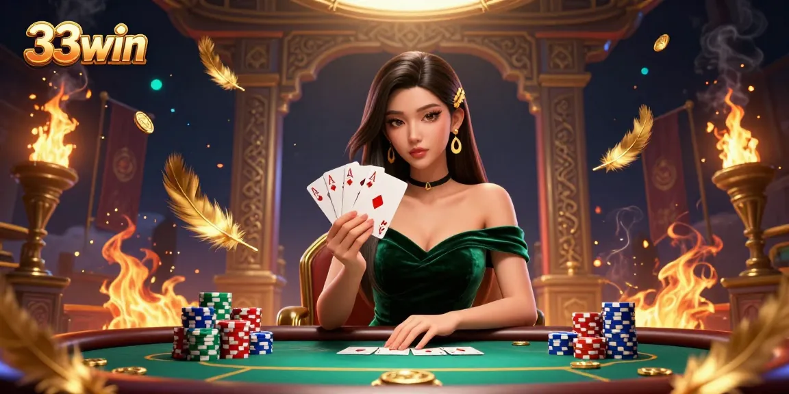 Engage in thrilling poker action with 33win, featuring a stunning Asian dealer and dynamic casino elements.