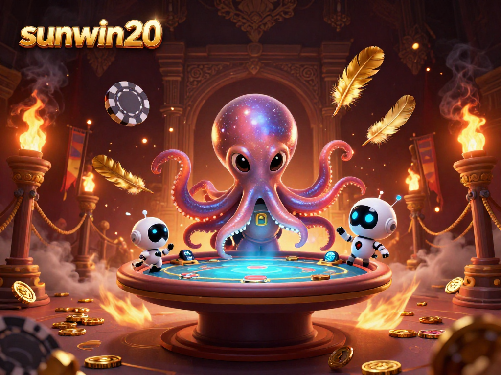 Experience thrilling gameplay with sunwin20, as an alien octopus operates a floating poker table in a cosmic casino.