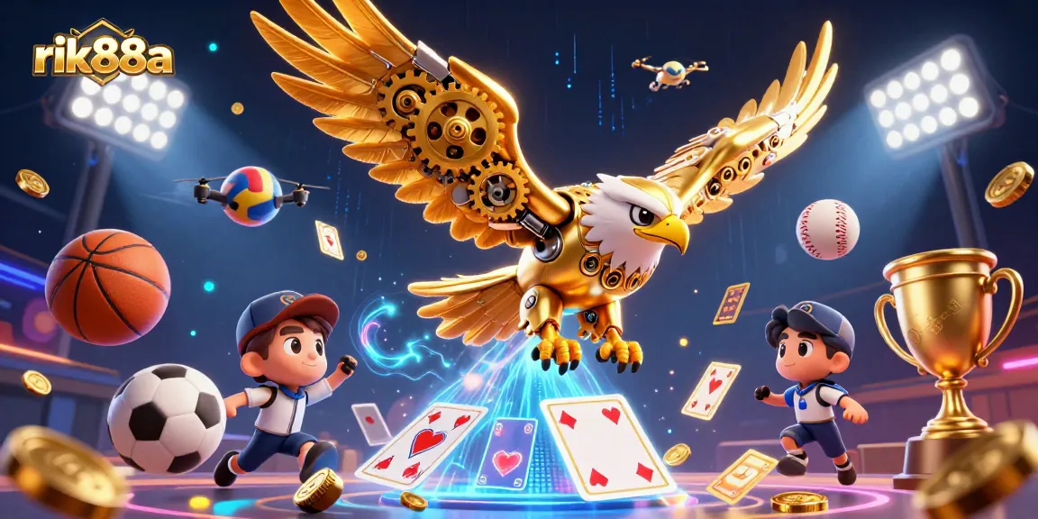 Engage in thrilling bets with rik88a featuring a dynamic scene of a golden eagle amidst holographic playing cards and vivid sports elements.