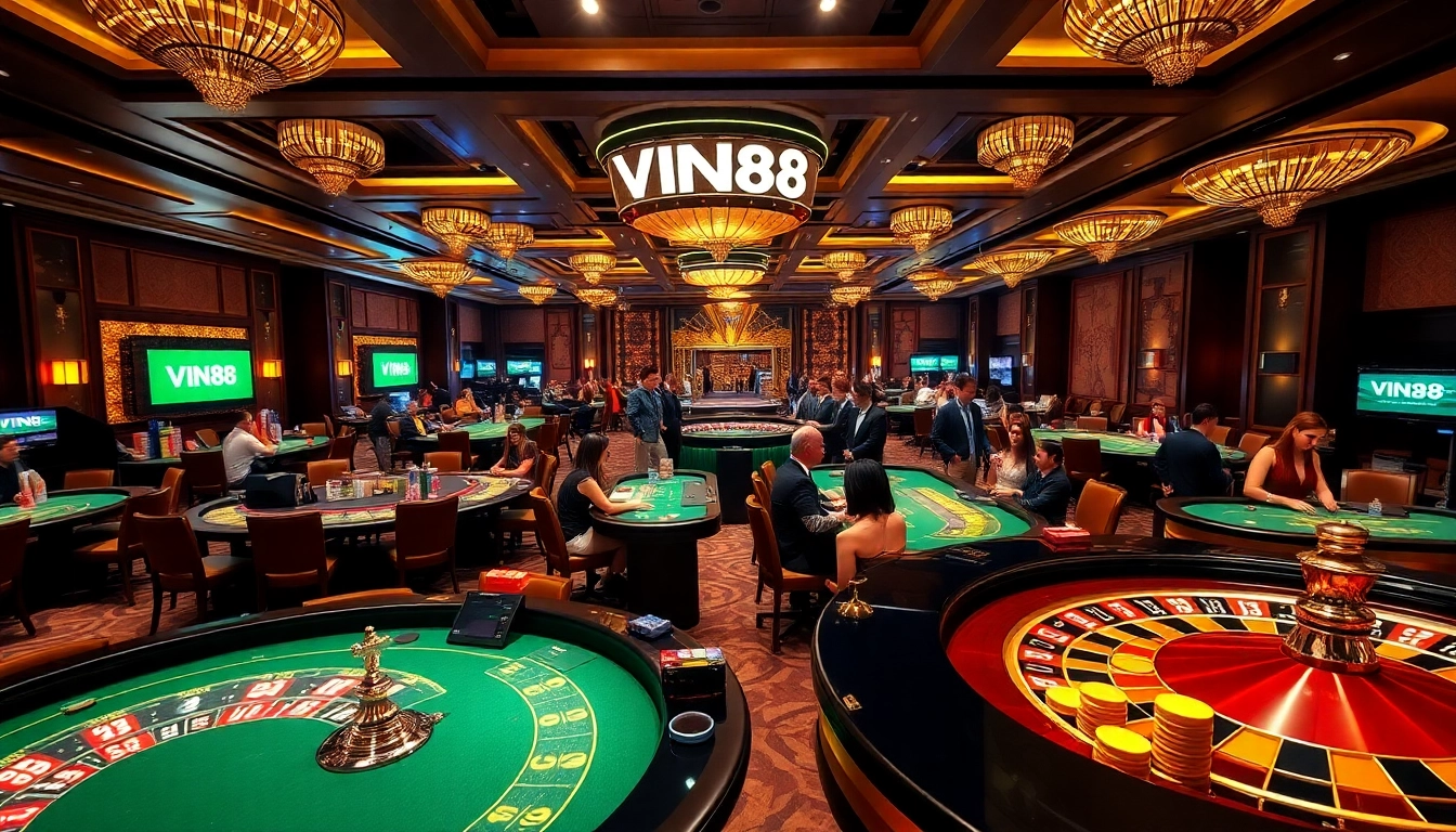 VIN88 players engaging at a luxurious casino table with colorful chips and a roulette wheel.