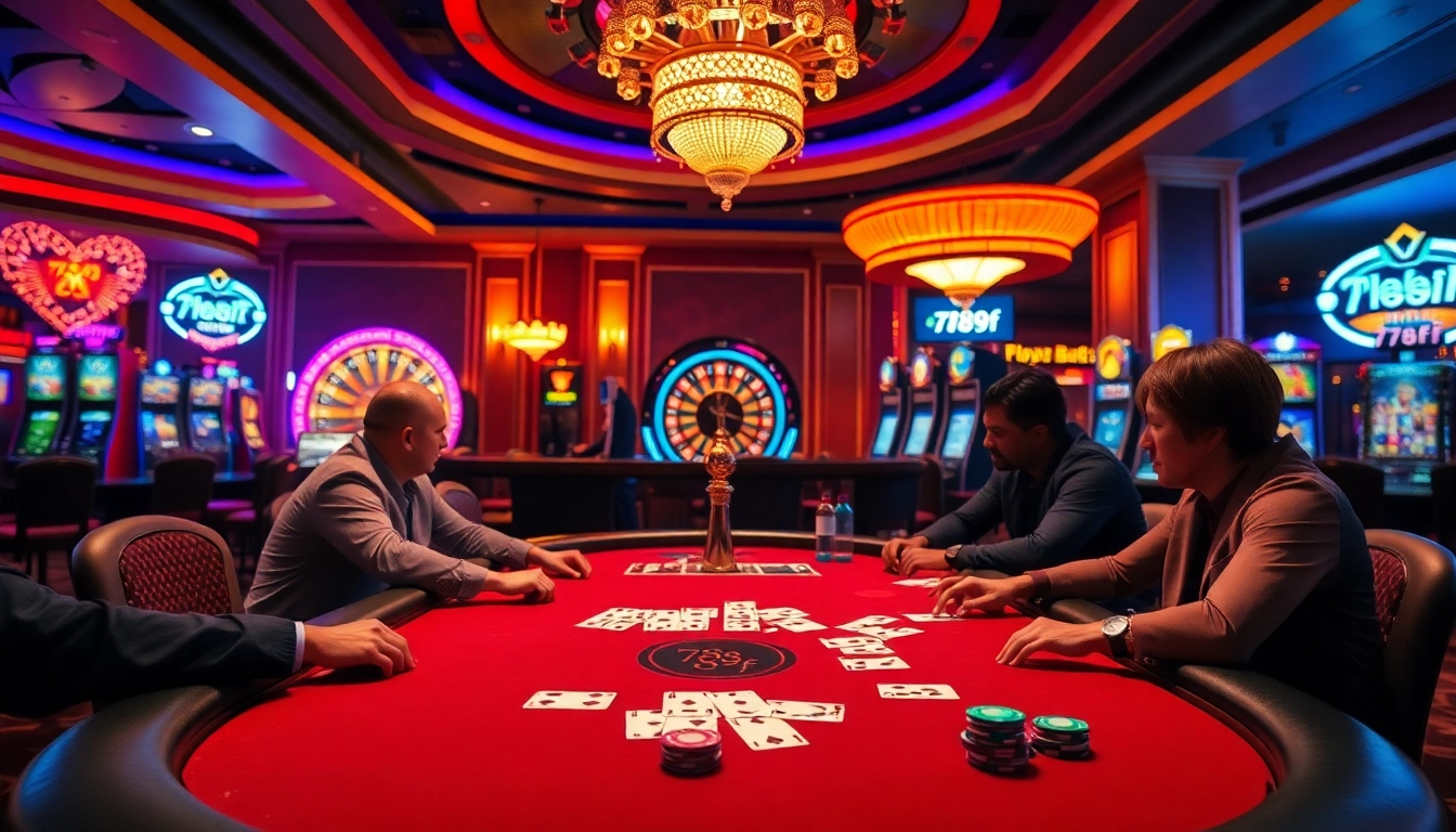 Entranced players engage in intense poker action at 789f casino's vibrant table.