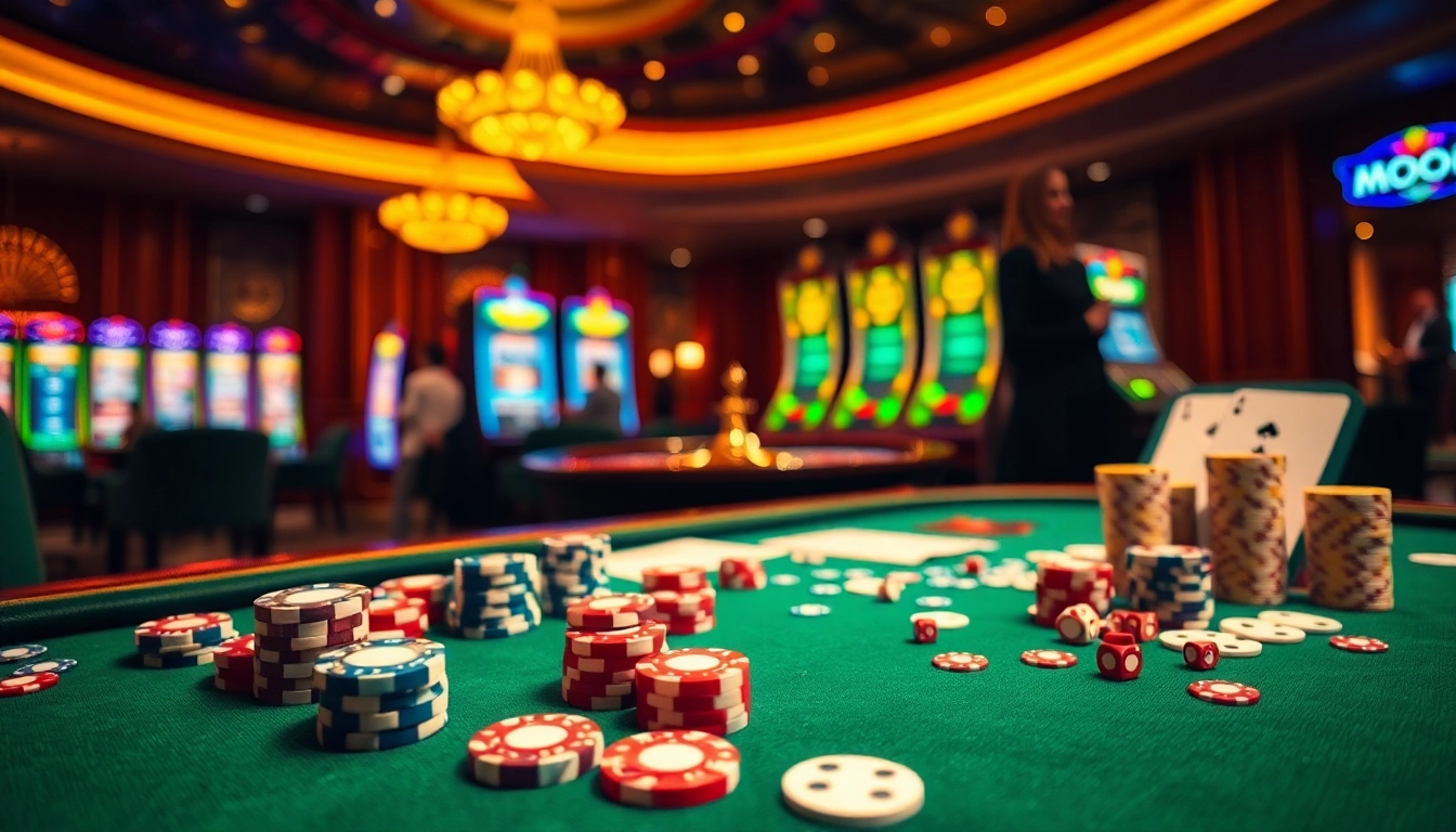 Exciting gameplay at mmoobet with vibrant poker chips and spinning roulette wheel.