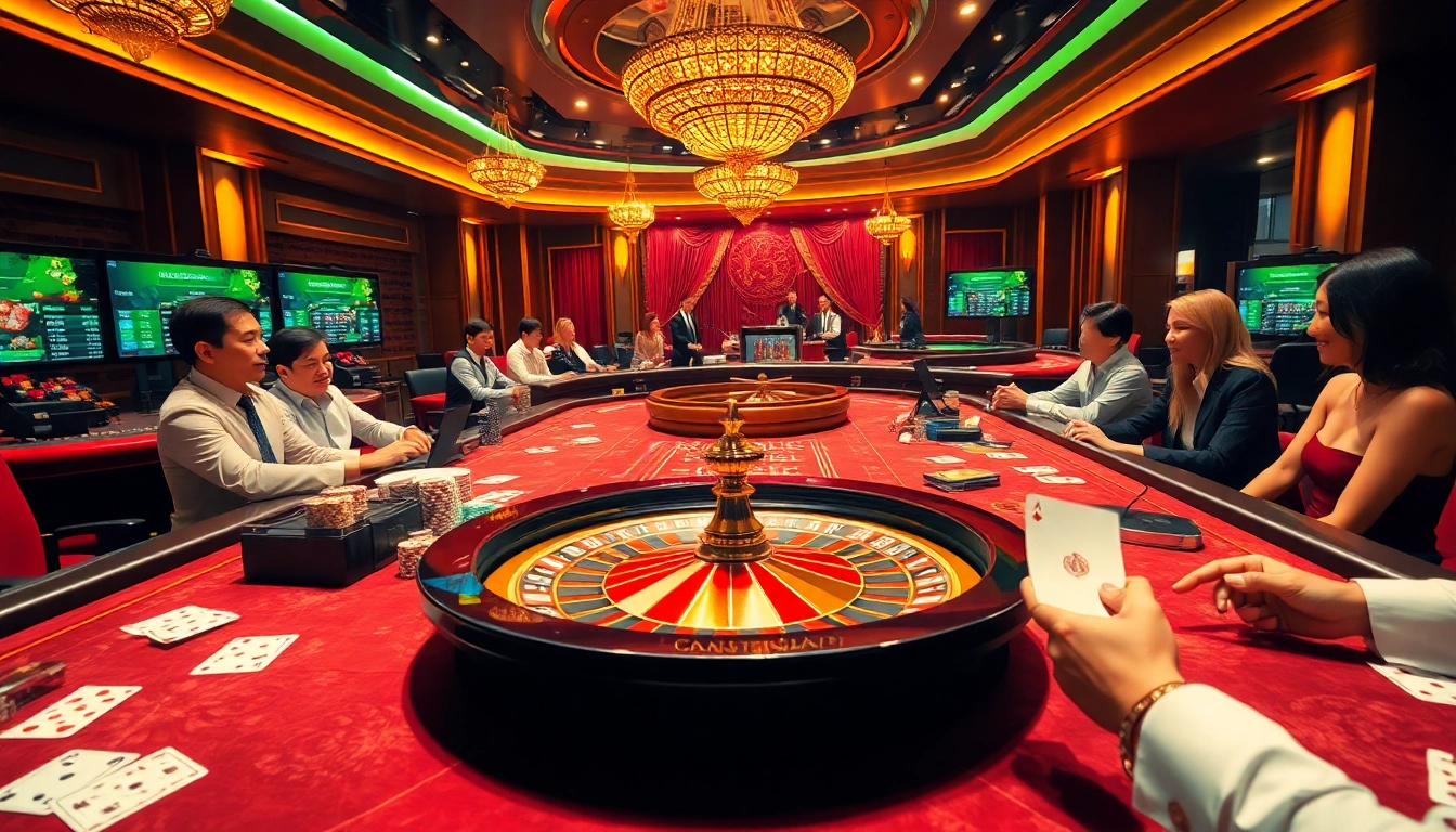 Enthusiastic players enjoying a game at Nhà Cái 68VIP casino with vibrant poker chips and a roulette wheel.