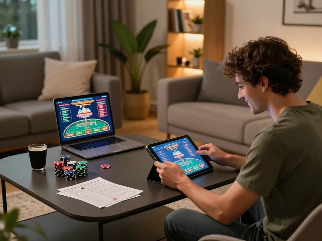 Permainan yang menarik di aplikasi higgs777 dalam suasana rumah yang nyaman, menampilkan catatan strategi poker dan tablet.