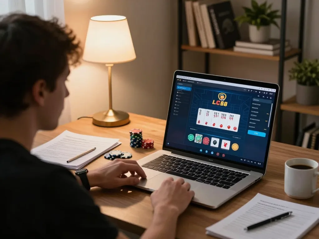 Play online poker on LC88, analyzing strategy with focused expression and notes on the desk