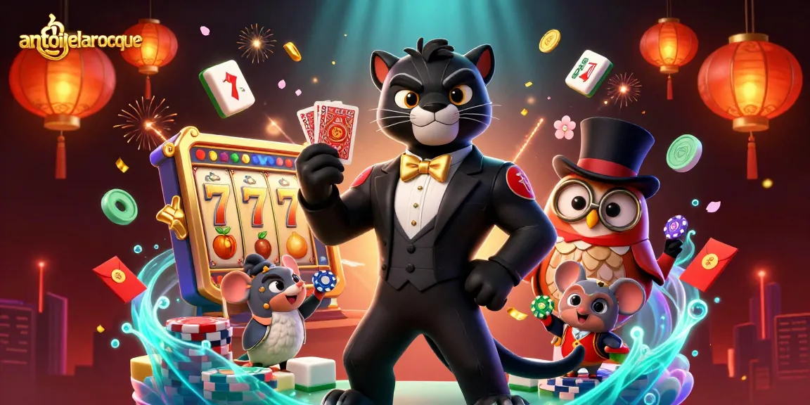 Engage in thrilling casino action with antoinelarocque's stylish scene featuring a black panther, an owl, and a lucky mouse.