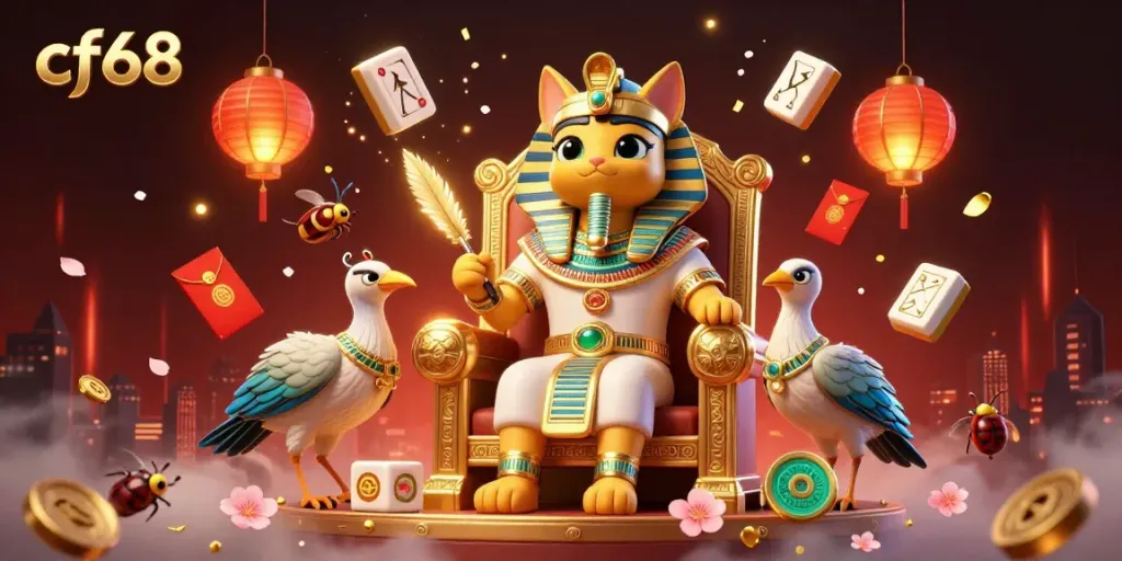 Engage in ancient-themed games with cf68, featuring a pharaoh cat and vibrant casino elements.