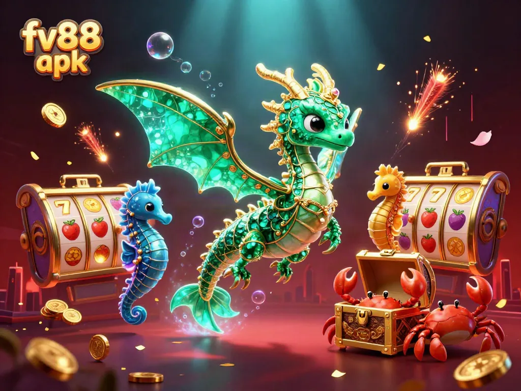 Experience the excitement of the fv88 apk with a vibrant casino scene featuring a sea dragon, slot reels, and festive elements.