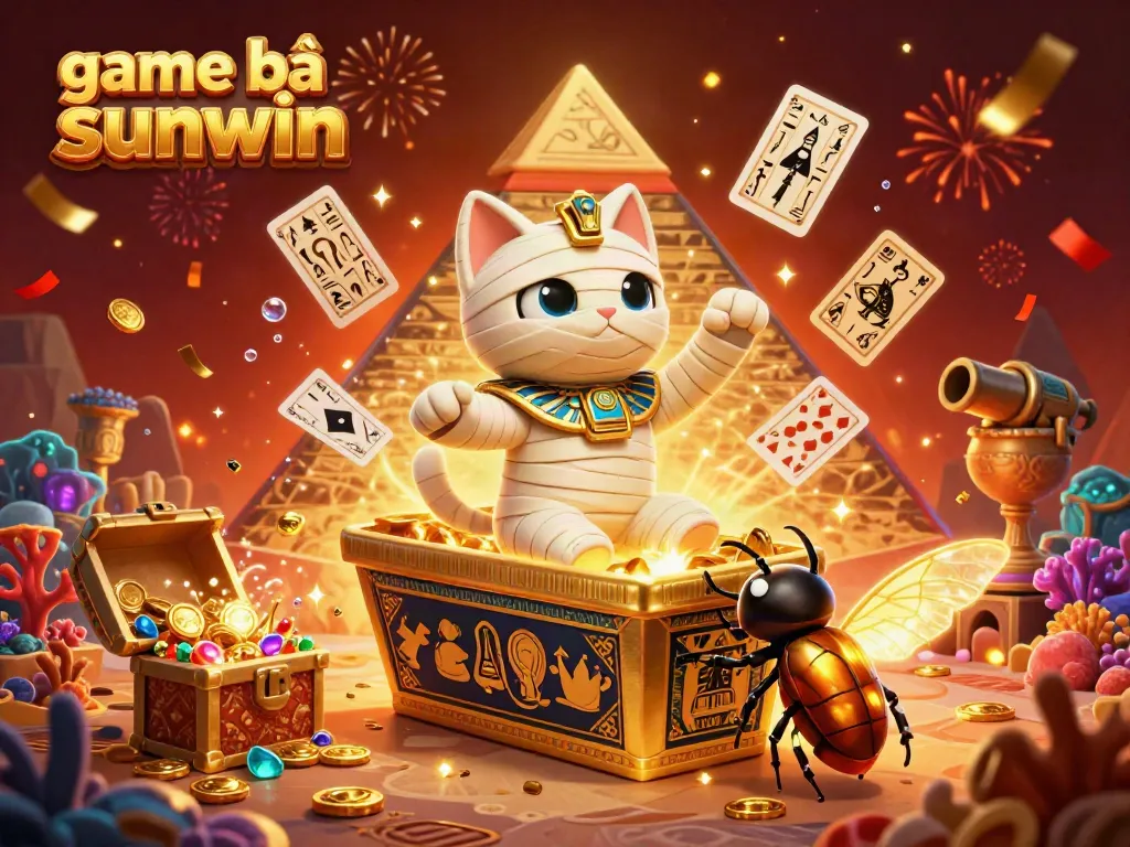 Engage in the exciting game bài sunwin with a vibrant scene featuring a mummy cat and scarab beetle amidst a dazzling pyramid casino.