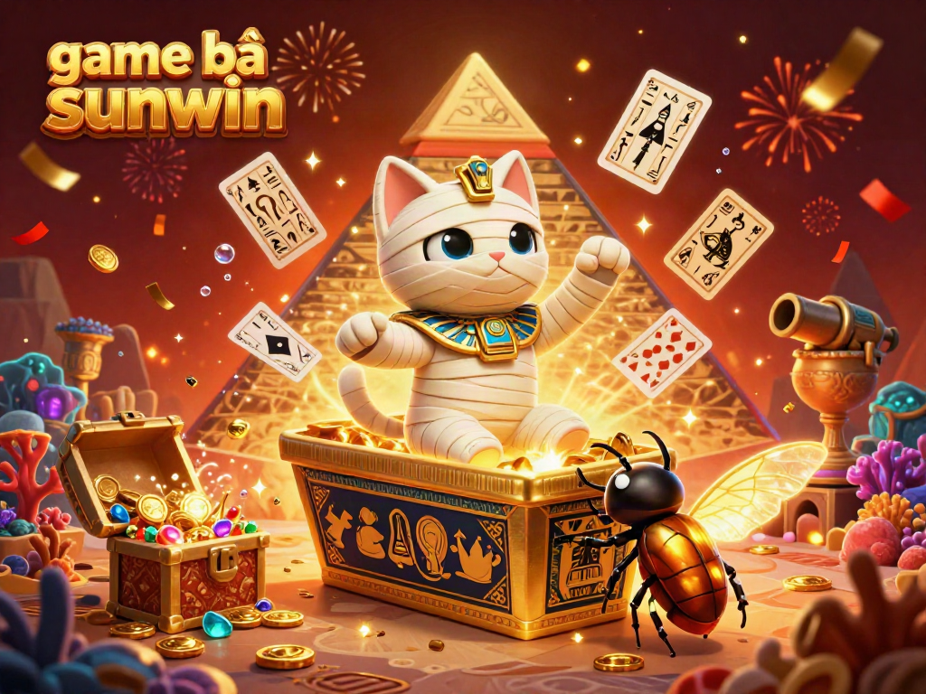 Engage in the exciting game bài sunwin with a vibrant scene featuring a mummy cat and scarab beetle amidst a dazzling pyramid casino.