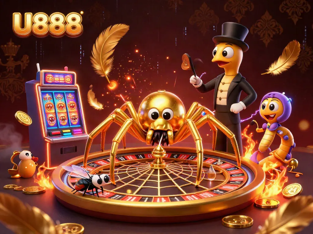 U888 highlights a thrilling gambling scene with a golden spider and spinning slots.