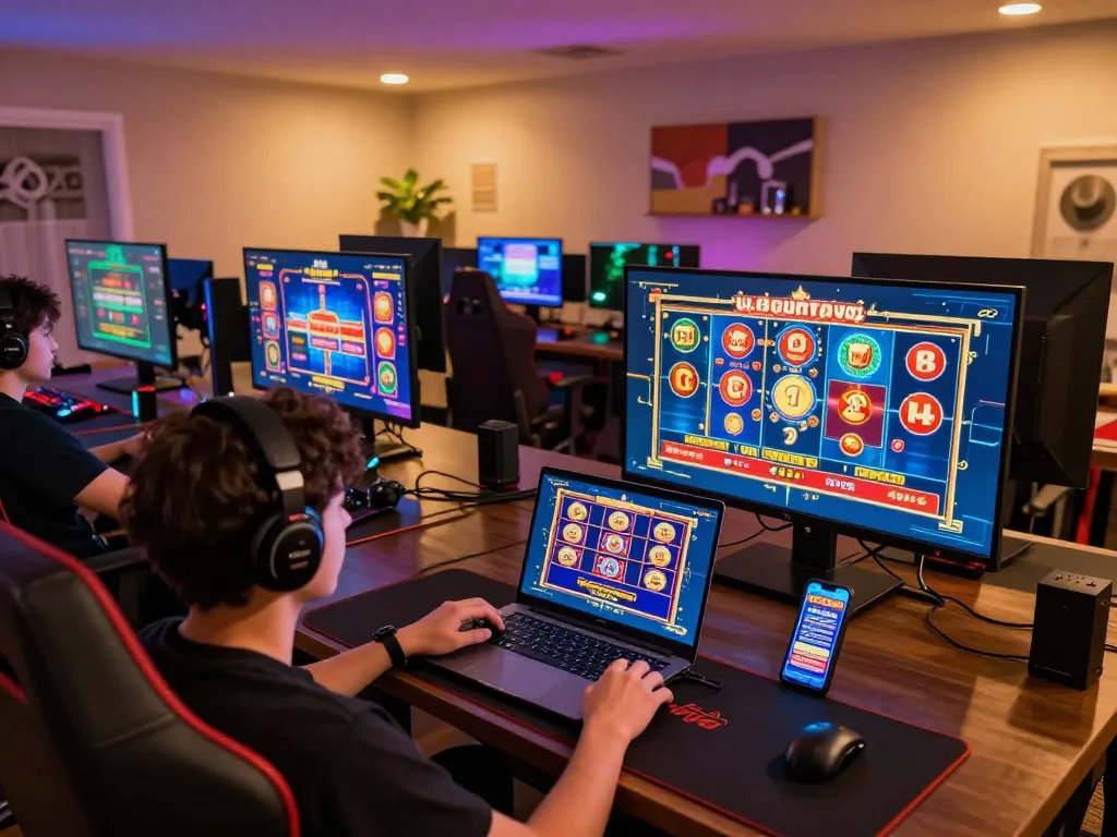 Engaged player using laptop and smartphone on uu88games for online slots and blackjack.