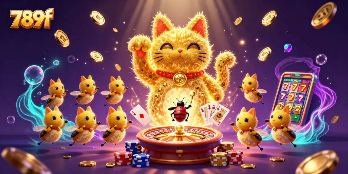 Experience the thrill of 789f as golden fireflies create a lucky cat amidst cascading coins and vibrant casino symbols.