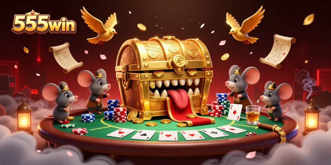 Experience excitement at 555win with a lively casino scene filled with treasure and vibrant poker action.