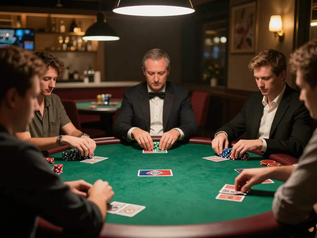 B52club players engaged in a lively poker game at an upscale casino, showcasing vibrant atmosphere and strategic gameplay
