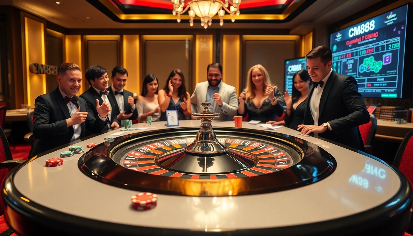 Players enjoying roulette and poker at CM88 Casino, showcasing excitement and luxury in gambling.