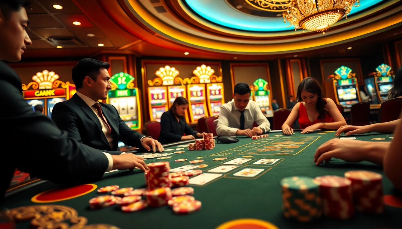 Players engage in thrilling games at go88's premium gambling table, showcasing poker cards and vibrant chips.