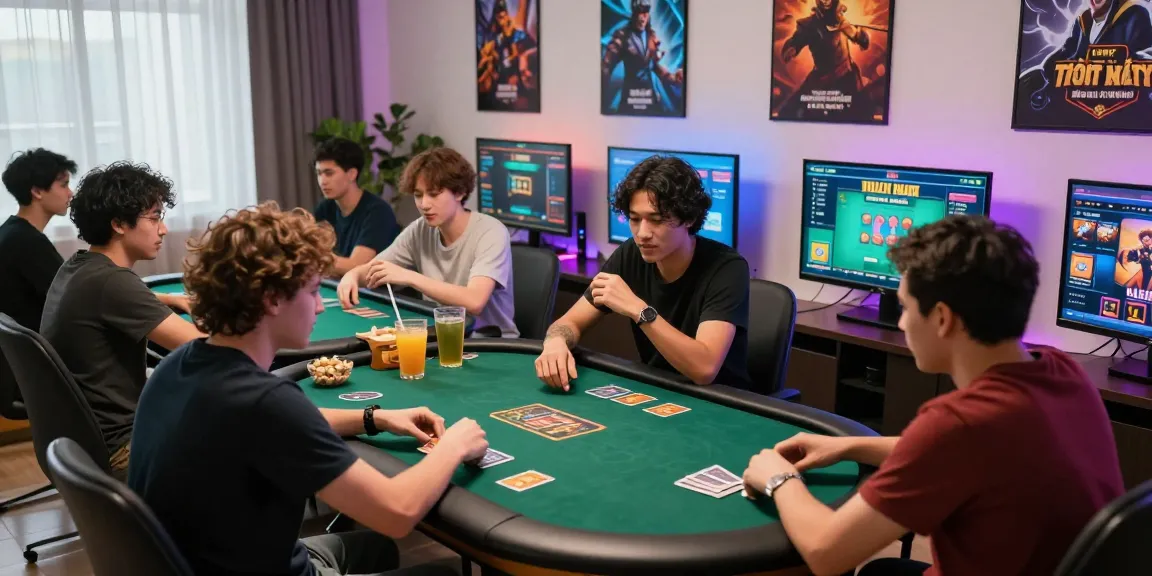 Players engaged in game bai doi thuong like Poker in a vibrant home gaming lounge.