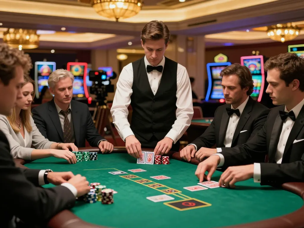 Engaged players at a blackjack table showcasing strategic decisions in a lively casino atmosphere, nk 88 context.