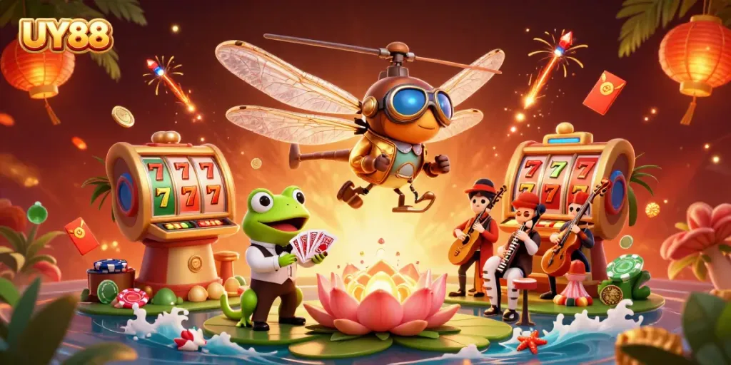 Experience thrilling gameplay at UY88 with vibrant characters and dynamic casino elements in a packed 3D scene.