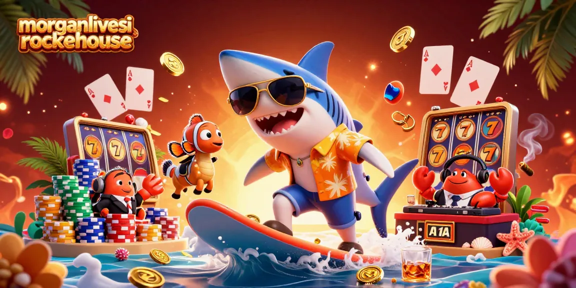 Experience big wins with morganlivesinarockethouse featuring a shark on a gold coin wave.