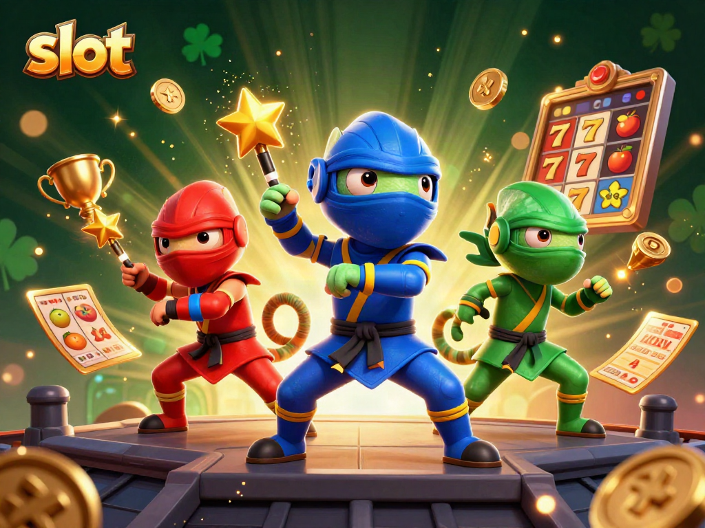 Synchronized martial arts chameleons surrounded by slot reels and casino elements.