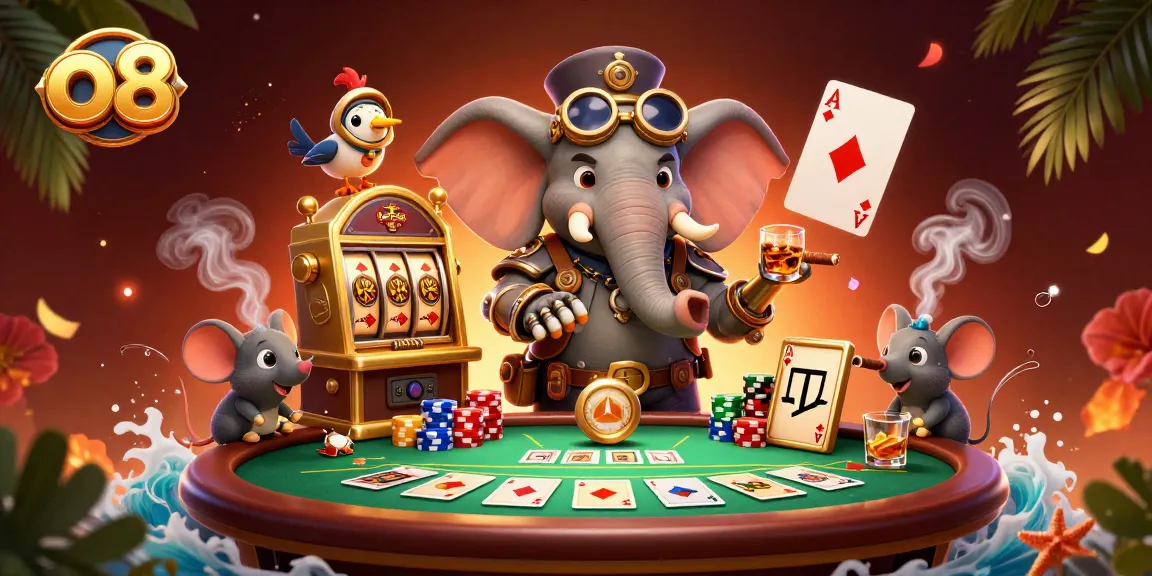Experience thrilling gameplay as O8's steampunk elephant engineer operates a golden slot machine surrounded by poker elements.