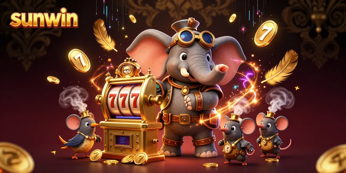 Engage with sunwin's vibrant casino experience featuring a steampunk elephant at a golden slot machine.