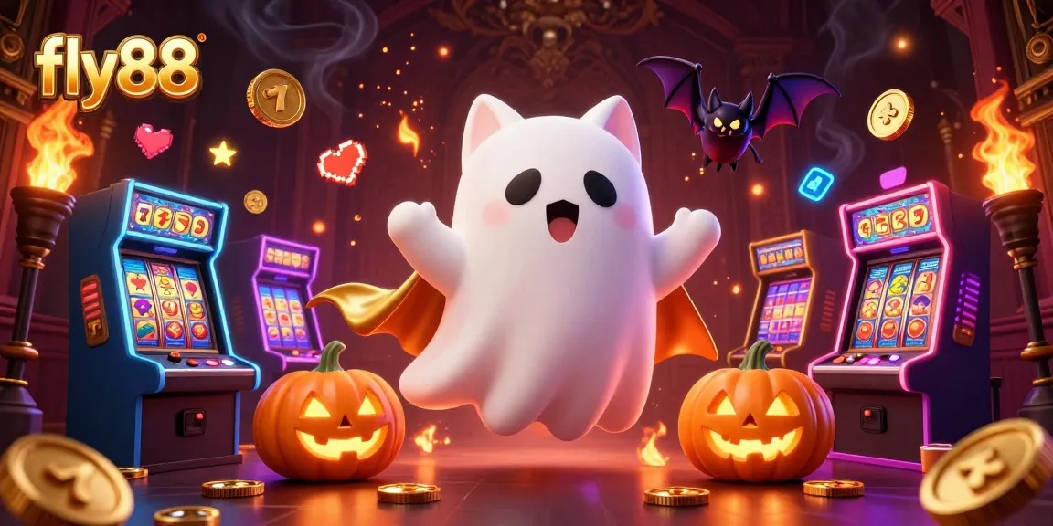 Experience the thrilling slot adventure at fly88 with a floating ghost cat and vibrant casino elements!