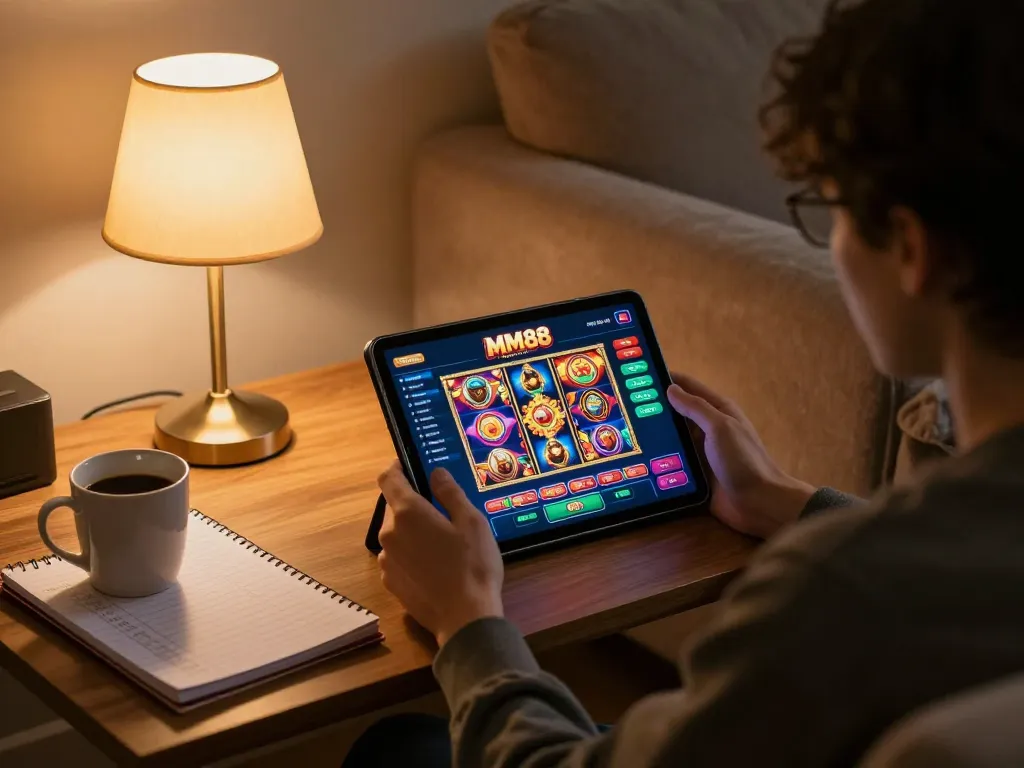 MM88 online casino gaming with vibrant graphics on a tablet and cozy home atmosphere
