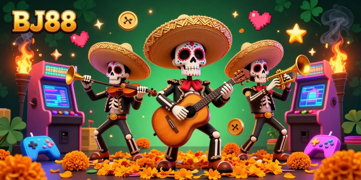 BJ88 showcases a vibrant 3D mariachi band surrounded by casino elements, exemplifying engaging gameplay.