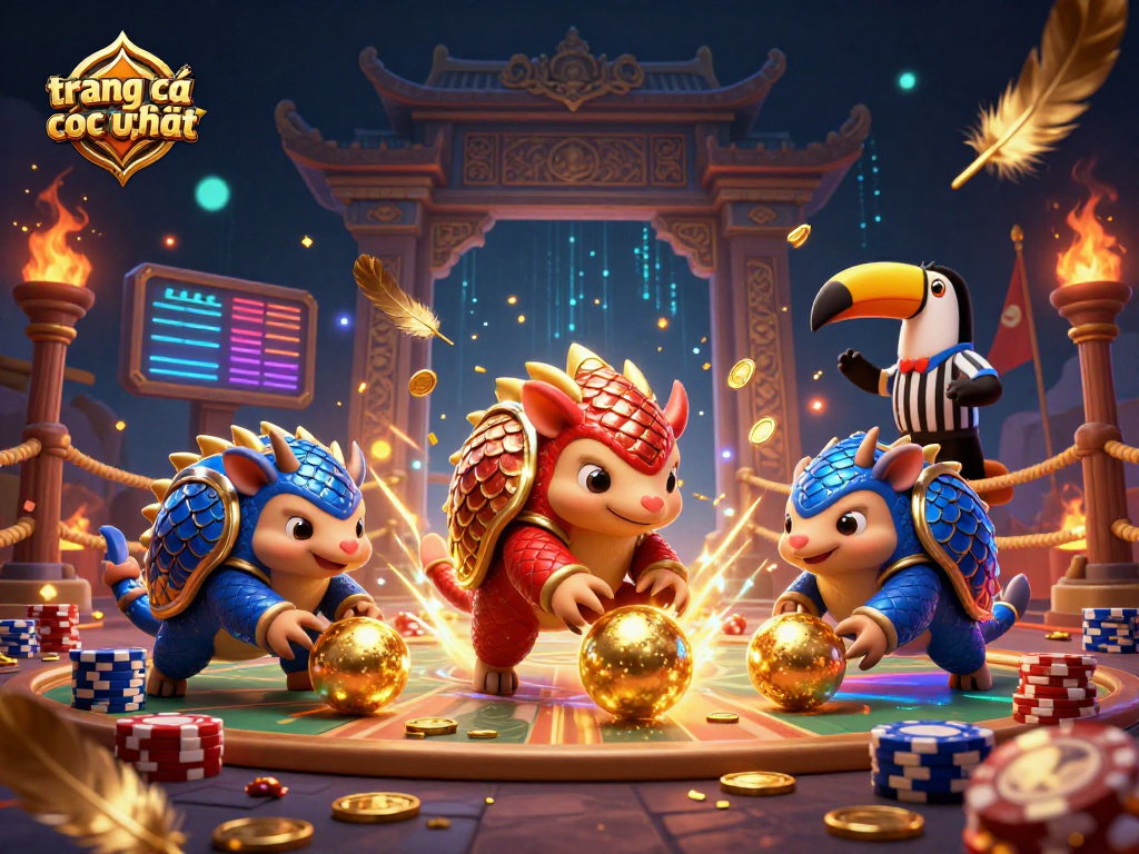 Experience the dynamic gambling scene with trang cá cược uy tín featuring rival pangolins celebrating wins with golden challenges.