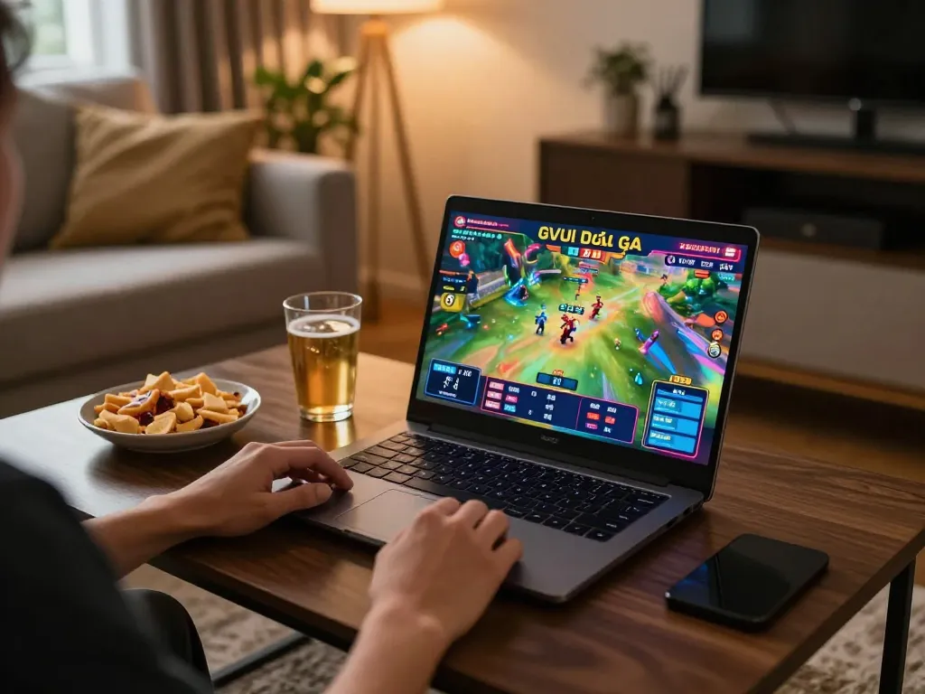 Engaging user enjoying GVUI đá gà betting on laptop at home, showcasing interactive online gaming.