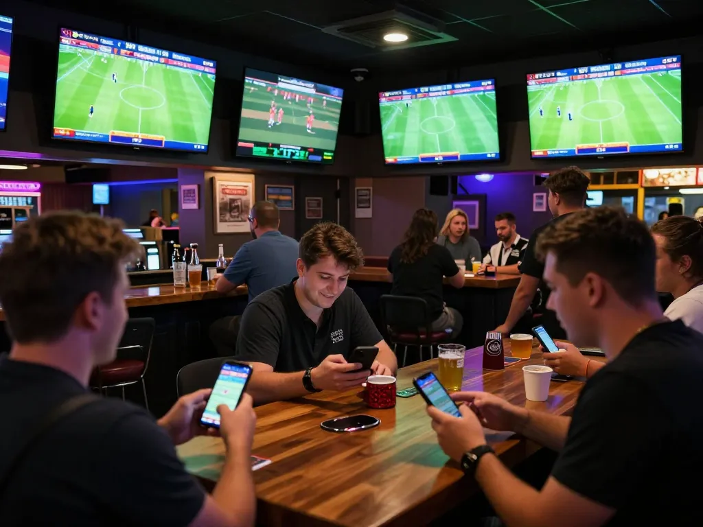 Xoilac's sports betting excitement with fans placing live bets in vibrant atmosphere.
