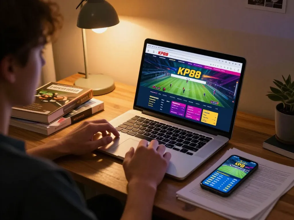 KP88 online sports betting setup with user carefully analyzing game odds on laptop