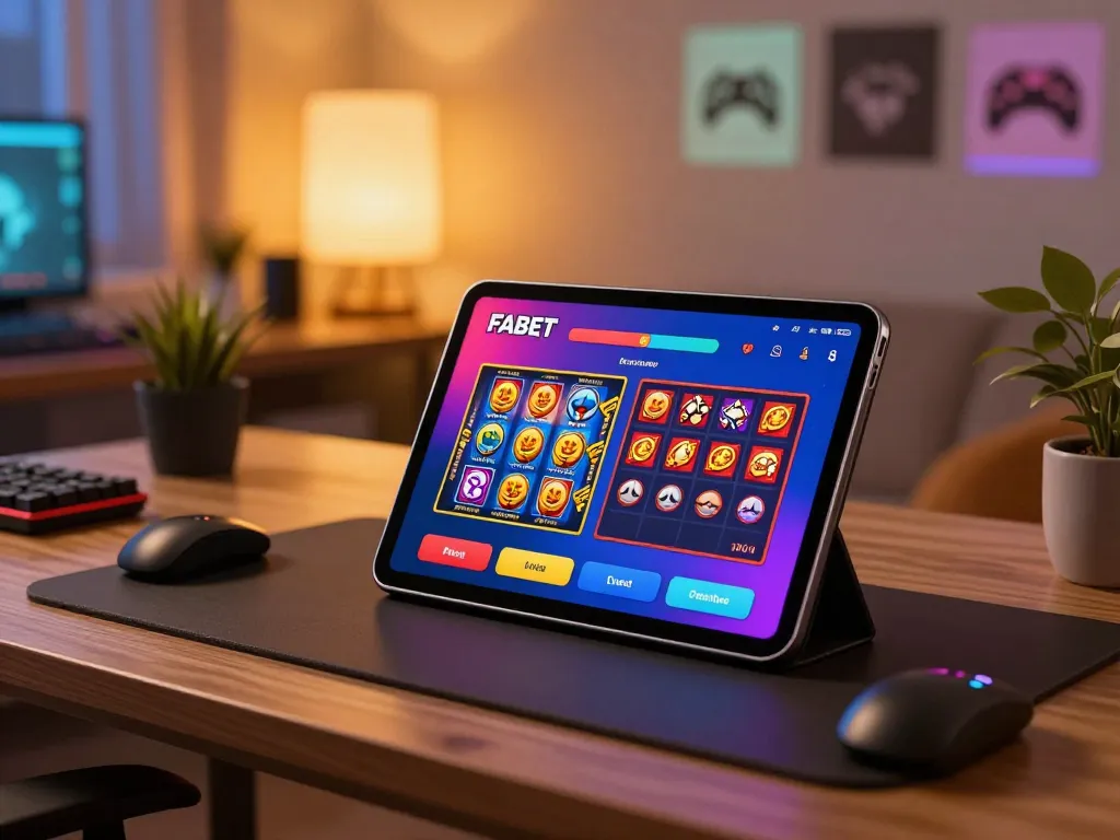 Gambling enthusiast using FABET app for online betting on a tablet in a cozy home setting