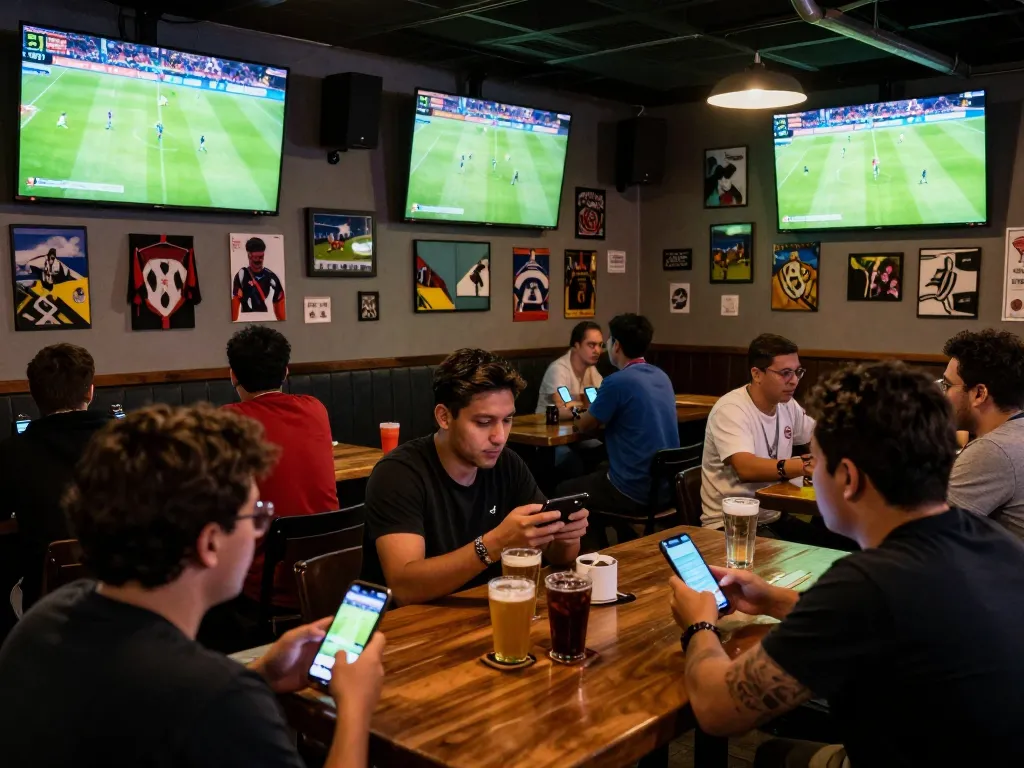 Engaged fans using mobile devices for Trực tiếp bóng đá socolive at a lively sports bar during a match.