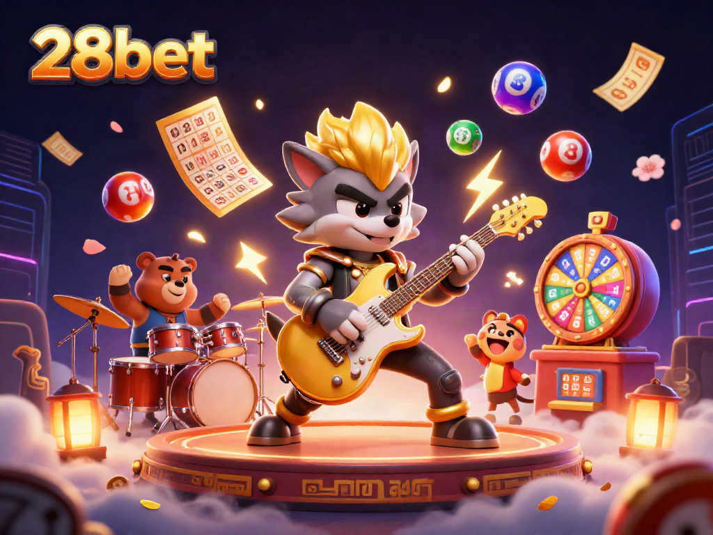 Engaging 28bet gaming scene showcasing vibrant lottery elements and dynamic characters in action.