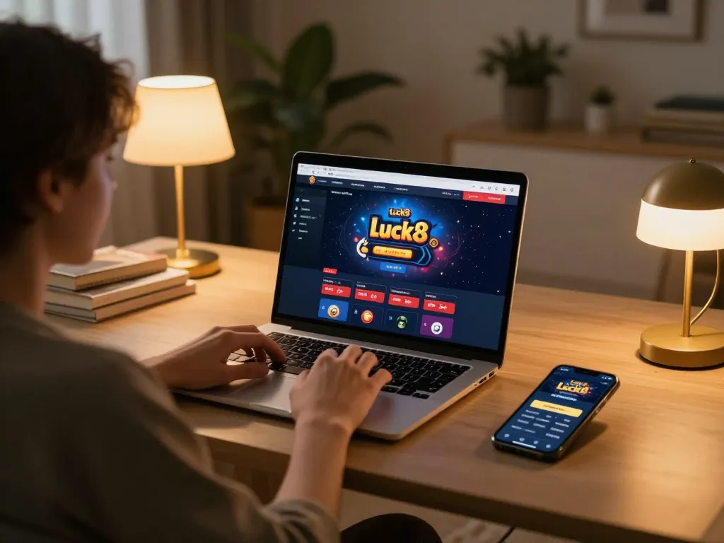 Engage in online gaming at luck8 with a user-focused setup showcasing a laptop and smartphone.