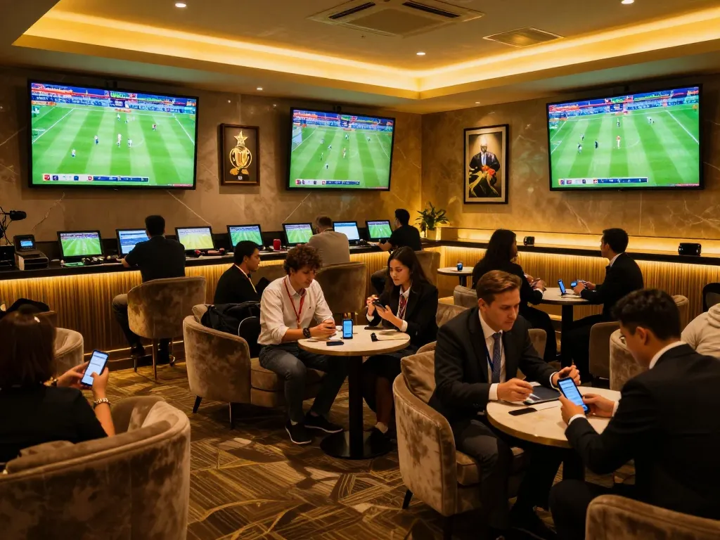 Place bets during worldcup2026 in an elegant sports lounge with multiple screens showing live matches.