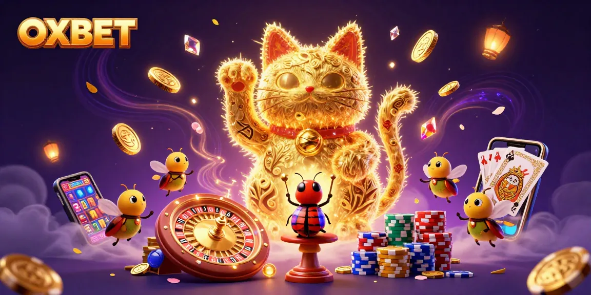 Play and win with OXBET as magical fireflies form a lucky cat surrounded by casino treasures.
